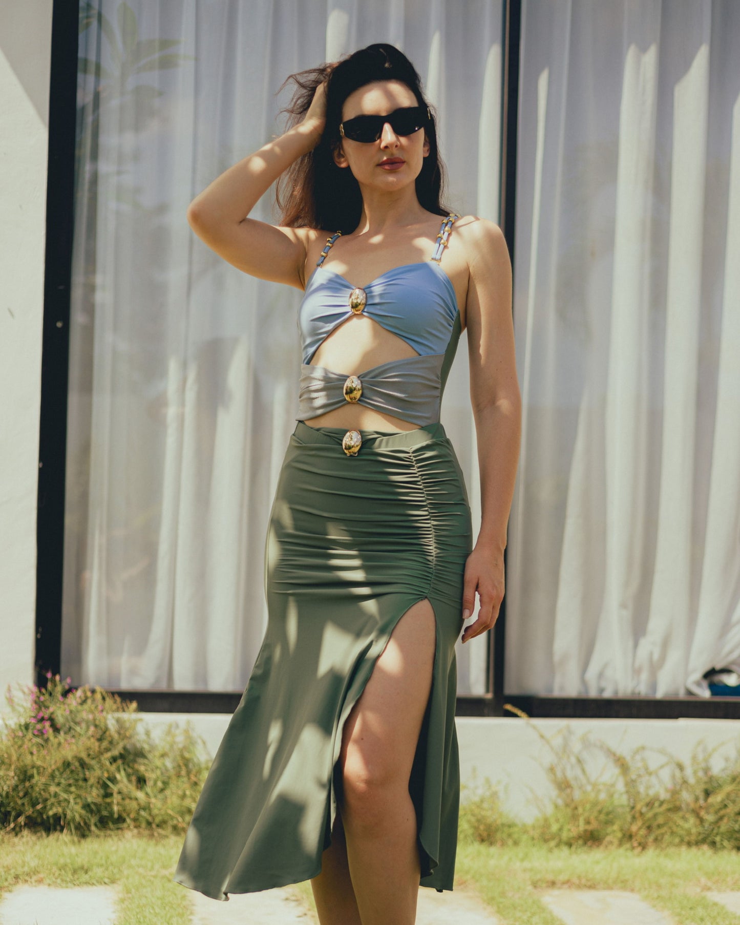 Bermuda Luxury Women Swimsuit Set with Embellished Sarong & Maxi Dress