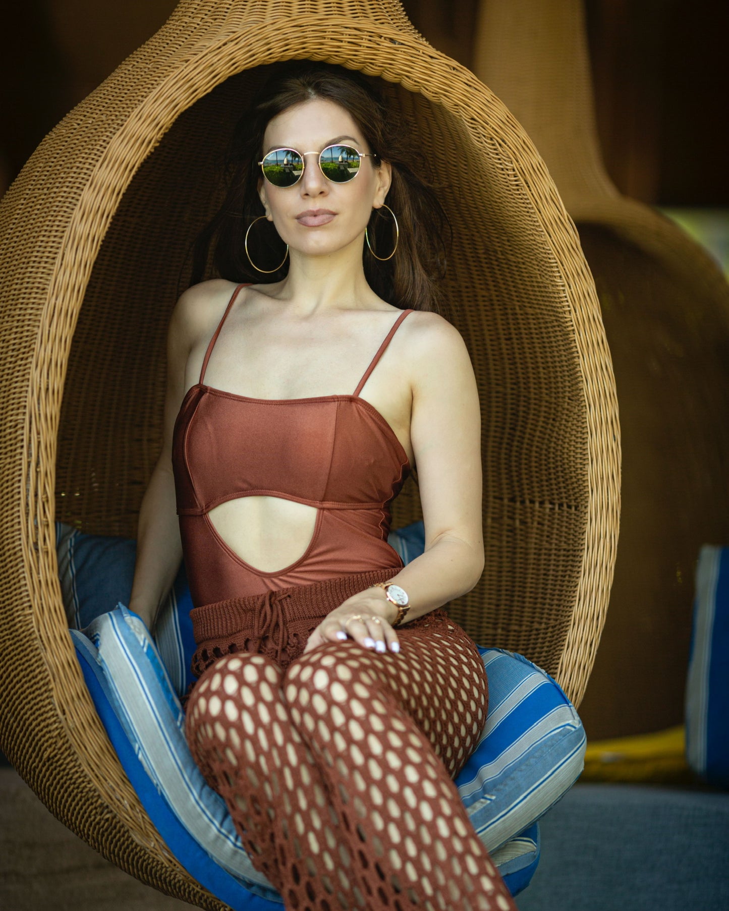 Tahiti Brown One-Piece Swimsuit Set with Crochet Pants